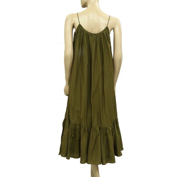 Rhode Resort Lea Pleated Solid Midi Dress Ruffle Tiered Cotton Green XS 283982 - Picture 3 of 7